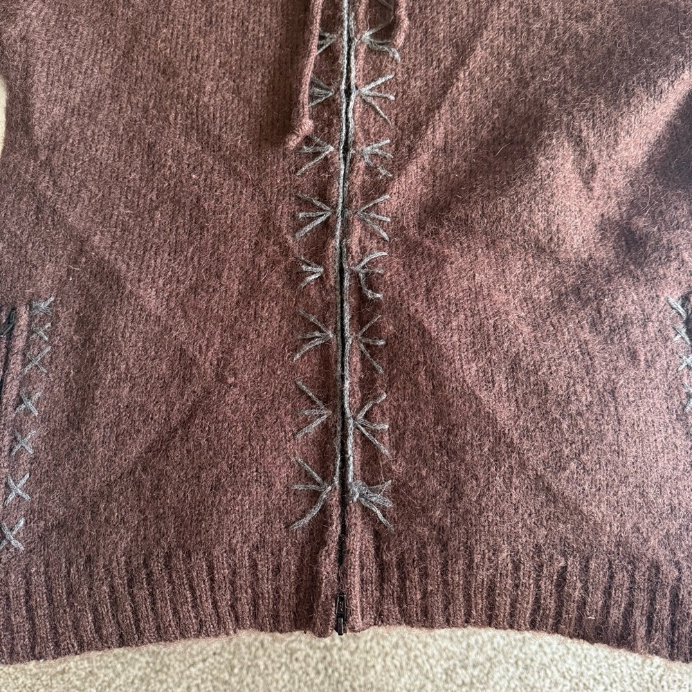 Full Zip Hooded Wool Sweater Mens Large Brown Western Native Cowichan Heavy - Picture 5 of 13